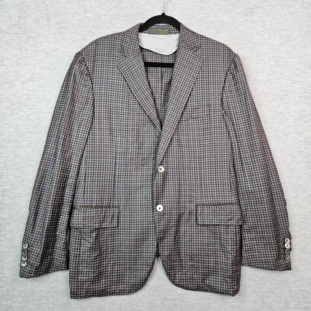 Corneliani Su Misura Mens 50R US 40 Virgin Wool Blazer Sport Brown Blue Check
